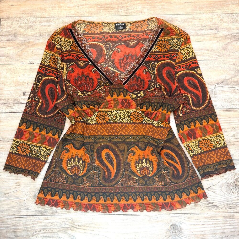 Tribal Y2K Boho Paisley Mesh Tunic Top Size Large Beaded Sequin V Neck Fairy